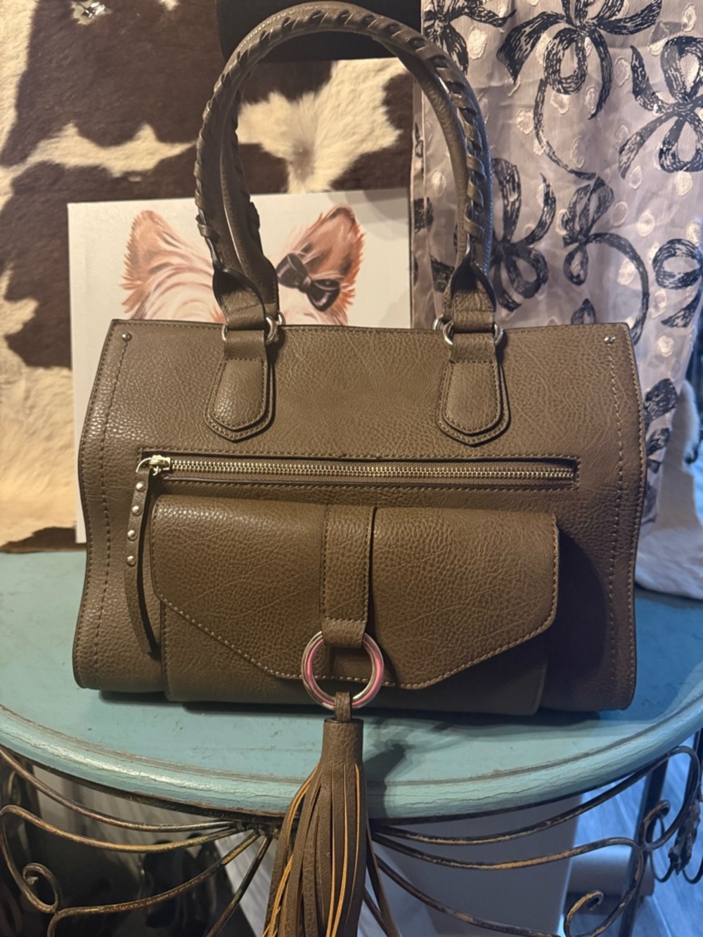 Sonoma Brown Textured Tassel Satchel Handbag